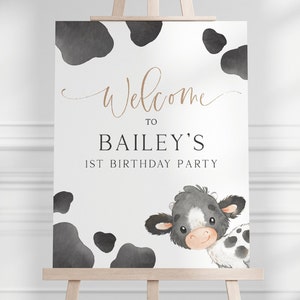 Editable Cow Birthday Welcome Sign, Holy Cow Birthday Sign, Gender Neutral Cow Decor, Boho Cow B'day Party Decoration, Digital Download