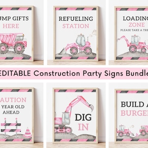 Rosa Bau LKW Party Schilder Bundle, bearbeitbare Mädchen Bau Geburtstag Essen Trinken Schilder, Gefälligkeiten Geschenke Tischdekoration, digitaler Download