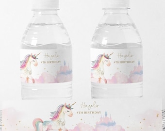 Etiqueta para botella de agua de cumpleaños de unicornio, etiqueta editable para bebida de unicornio mágico, decoración para fiesta de cumpleaños de unicornio pastel para niña, descarga digital