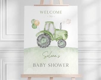 Groene tractor babyshower welkomstbord, bewerkbare boerderijtractor It's A Boy babyshowerfeest, tractor ballonnen welkomstdecor, digitale download