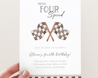 Need Four Speed Racing Birthday Invitation, Editable Race Flags 4th B'day Party Invite, Vintage Checkered Flag B'day Party, Digital Download