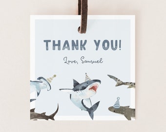 Editable Shark Favor Tag, Shark Party Thank You Tag, Sharks Birthday Gift Tag, Under The Sea Boy Party Decor Sharks Label, Digital Download