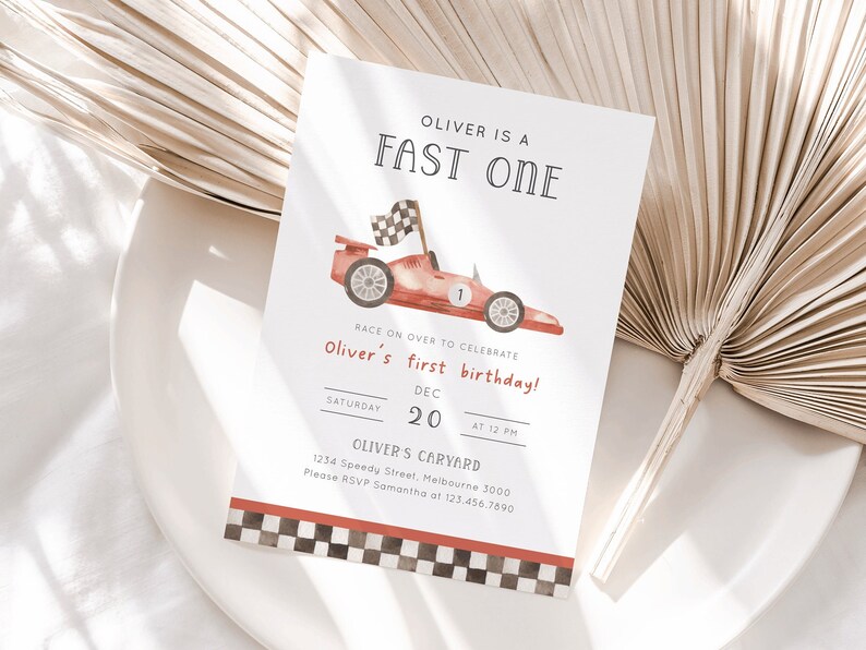 Fast ONE Invitation, Editable Car 1st Birthday Invitation, Racing Car First B'day Invite Template, Red Racing Car Invite, Digital Download image 2
