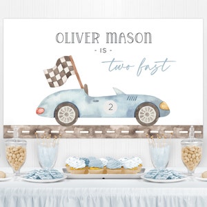 Baby Blue Car Two Fast Birthday Wall Banner, Editable Vintage Racing 2nd B'day Party Decor, Printable Race Car Banner, Digital Download