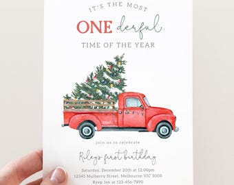 It's The Most ONEderful Time of The Year, Editable Christmas 1st Birthday Party Invitation, Red Truck Christmas Tree Invite Digital Download