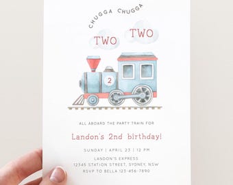 Chugga Chugga Two Two 誕生日招待状、編集可能な電車 2 歳の誕生日招待状、ミニマリスト ブルー トレインの 2 歳の誕生日パーティー、デジタル ダウンロード