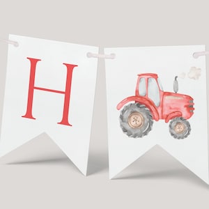 May include: A white banner with red letters spelling "H" and a red tractor with gray wheels and a white smoke cloud. The banner is strung with white string.