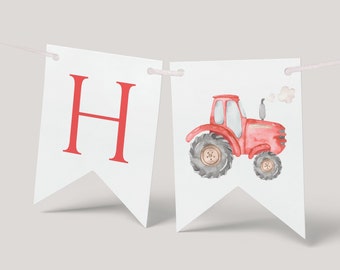 May include: A white banner with red letters spelling "H" and a red tractor with grey wheels and a white smoke cloud. The banner is strung with white string.