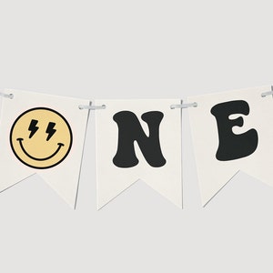 One Happy Dude ONE Banner, Smiley Lightning Bolt 1st Birthday High Chair Banner, One Happy Dude 1st B&#39;day Chair Decoration, Digital Download