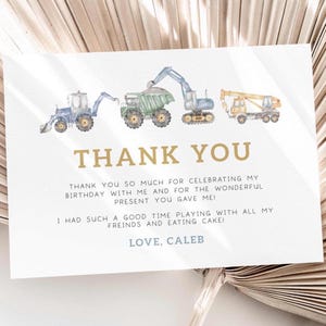 Cartão de agradecimento de caminhões de construção silenciados, nota de agradecimento de festa de aniversário de construção de menino editável, aniversário de caminhões escavadeira, download digital
