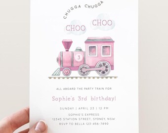 Chugga Chugga Choo Choo Pink Train Birthday Invitation, Girl Pink Train B'day Invite, Minimalist Train B'day Party, Digital Download
