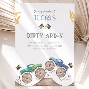 Monster Truck Dirty 3RD-Y Invitation, Editable Template, Monster Truck 3rd Birthday Invite, Blue & Green Truck B'day Party, Digital Download