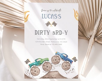 Monster Truck Dirty 3RD-Y Invitation, Editable Template, Monster Truck 3rd Birthday Invite, Blue & Green Truck B'day Party, Digital Download