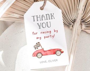 Roter Rennwagen Dankeschön-Tag, bearbeitbar Vintage Red Racing Party Favors Tag, erster Rundengeburtstag, zwei schnelle Racing Party Label, digitaler Download