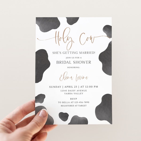 Holy Cow She's Getting Married Bridal Shower Invite, Editable Template, Minimalist Cow Farm Theme Bridal Shower Invitation, Digital Download