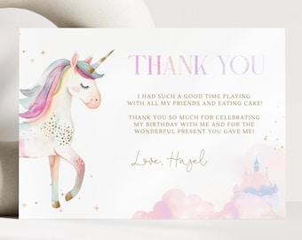 May include: A thank you card with a watercolor illustration of a unicorn with a rainbow mane and horn. The card has the words "THANK YOU" in a gradient font and a message thanking friends for celebrating a birthday.