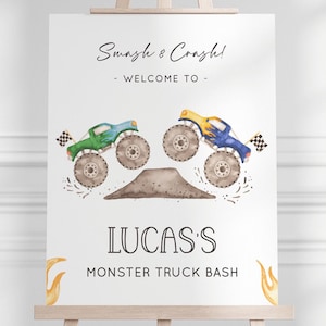 Monster Truck Party Welcome Sign, Editable Monster Truck Birthday Welcome Poster, Blue Green Race Trucks B&#39;day Party Decor, Digital Download