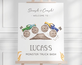 May include: A welcome sign for a monster truck bash party. The sign features a green and blue monster truck with flames on the side. The text on the sign reads "Smash & Crash! Welcome to Lucas's Monster Truck Bash".
