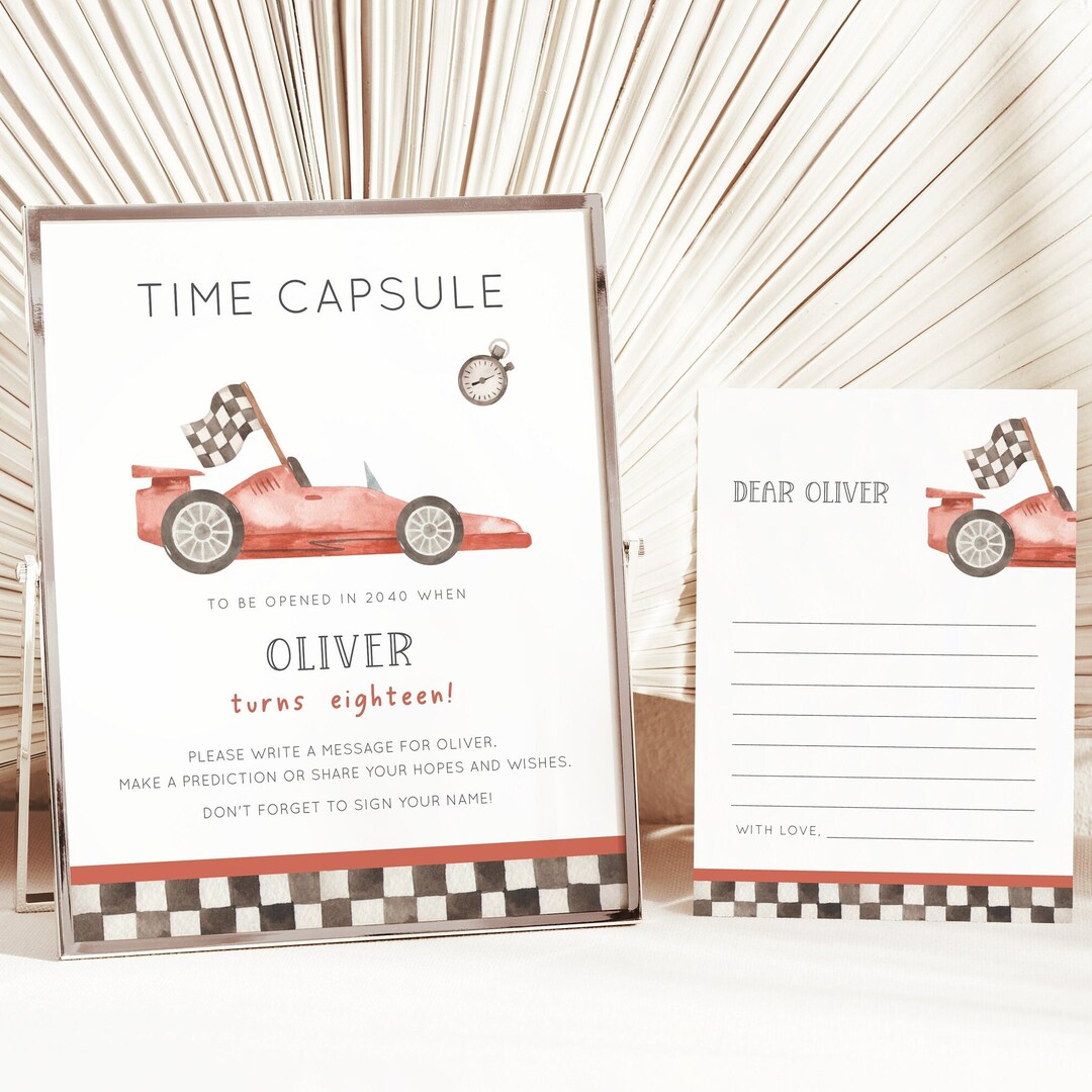 Car Racing Timezone Card Red Race Car Birthday Time Capsule, Editable Racing Car Party Time ...