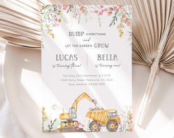 Wspólne zaproszenie urodzinowe Construction Trucks i Wildflower, edytowalne zaproszenie na przyjęcie urodzinowe dla rodzeństwa z motywem kwiatów w koparkach, wersja cyfrowa do pobrania