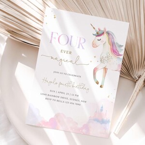 May include: A pink and purple watercolor invitation with a unicorn illustration and gold glitter accents. The text reads "Four Ever Magical" and includes details for a birthday party.