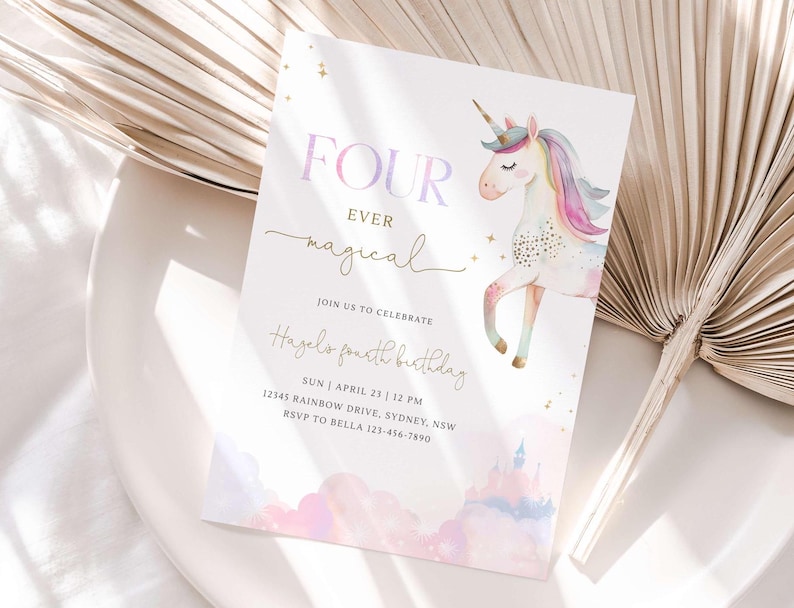 May include: A pink and purple watercolor invitation with a unicorn illustration and gold glitter accents. The text reads "Four Ever Magical" and includes details for a birthday party.