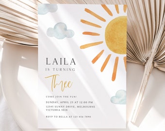 Sunshine Birthday Invitation, Editable Template, Any Age Sun and Clouds B'day, Gender Neutral Minimalist Birthday Invite, Digital Download