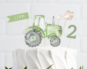 Toppers de pastel de tractor editables, topper de pastel de tractor verde imprimible, fiesta de cumpleaños de tractor de granja, decoración de fiesta de tractor, descarga digital