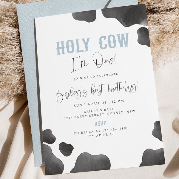 Holy Cow I'm ONE Birthday Invitation, Editable Template, Holy Cow 1st B'day, Modern Boy Blue Barn Yard B'day Party Invite, Digital Download