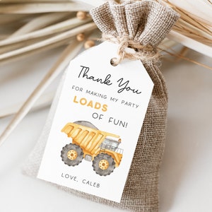 Construction Truck Party Favors Tag, Editable Template, Construction Truck Birthday Label, Dump Truck Thank You Favors Tag, Digital Download image 2