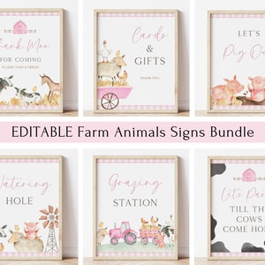 Bundle modifiable de signes de fête d'anniversaire de grange rose, signe de boisson alimentaire fille animaux de la ferme B'day, basse-cour cadeau cadeaux déco, téléchargement numérique