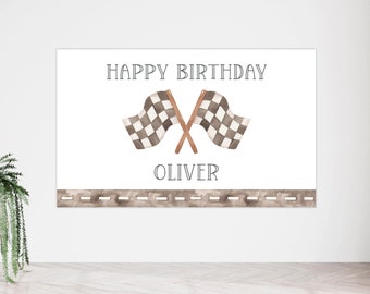 Any Age Racing Birthday Banner, Editable Template, Race Flags Party Decor, Vintage Racing Car Flags B'day Wall Banner, Digital Download