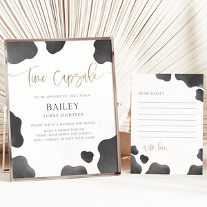 Koe verjaardag tijdcapsule teken, bewerkbare sjabloon, Holy Cow I'm One Time Capsule & berichtkaart, teken koe 1e verjaardagsfeestje, digitale download