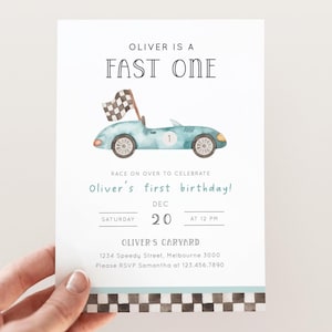 Race Car 1st Birthday Invitation, Editable Template, Fast One Birthday Party, Racing First Bday Invite, Vintage Blue Car, Digital Download image 1