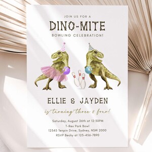 Dinosaur Bowling Joint Birthday Party Invitation, T-Rex Bowling Sister & Brothers Party Invite, Girl Boy Dinomite Party, Digital Download