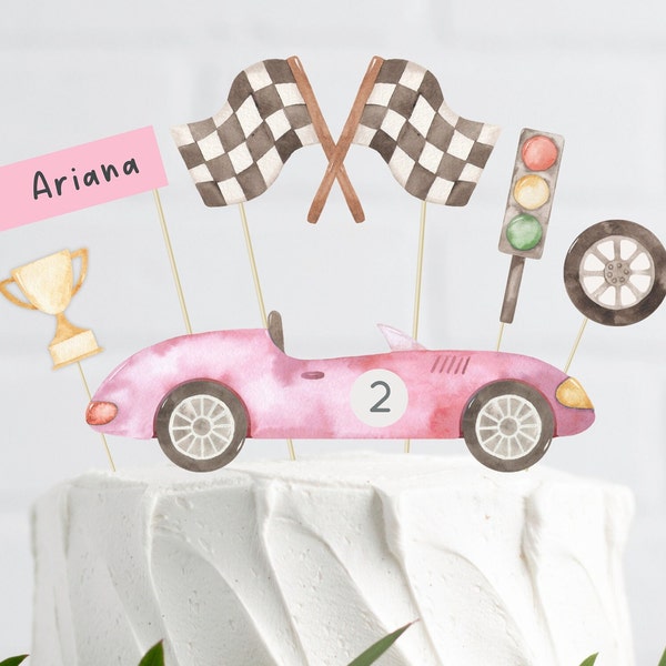 Editable Pink Race Car Cake Toppers, Printable Pink Vintage Car Party Topper, Two Fast Birthday, Girl Car Party Decor, Digital Download