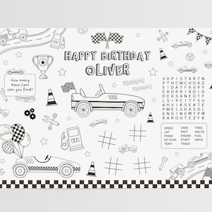 Editable Race Car Activity & Coloring Page, Two Fast Racing Birthday Party Placemat, Printable Kids Coloring Race Car, Digital Download