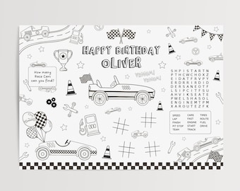 Editable Race Car Activity & Coloring Page, Two Fast Racing Birthday Party Placemat, Printable Kids Coloring Race Car, Digital Download