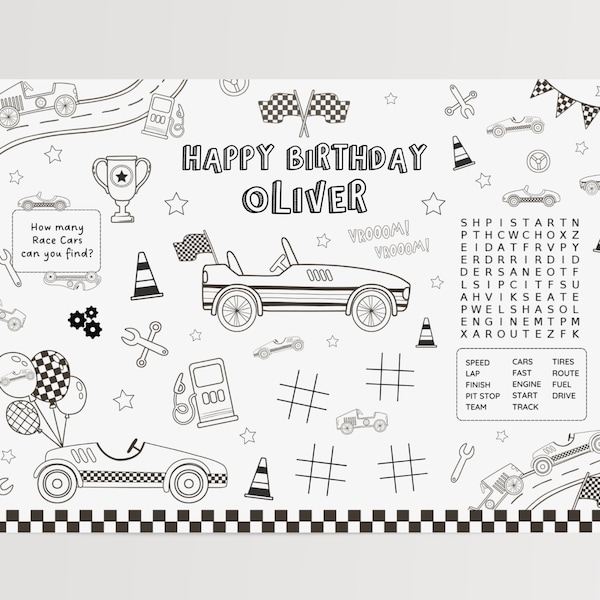 Editable Race Car Activity & Coloring Page, Two Fast Racing Birthday Party Placemat, Printable Kids Coloring Race Car, Digital Download