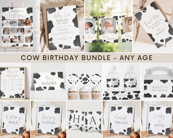 Cow Birthday Invitation Bundle, Editable Template, Holy Cow Any Age Themed B'day Invite Package, Cow Farm Party Signs, Digital Download