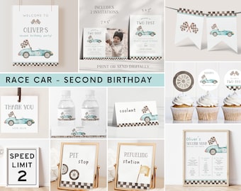 TWO Fast Birthday Bundle, Editable Car Invitation B'day Package, Vintage Blue Car Birthday Invite + Decor, Essential Car B'day Party Bundle