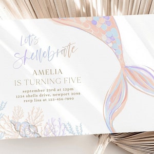 Invitación de sirena de Shellebrate, plantilla editable, invitación de cumpleaños de sirena de CUALQUIER EDAD, invitación de sirena púrpura coral, descarga digital