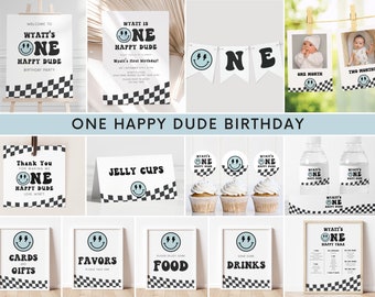 May include: A set of printable party decorations for a first birthday party with a checkered black and white pattern and a smiley face with lightning bolts. The text on the decorations says "Wyatt's One Happy Dude Birthday".