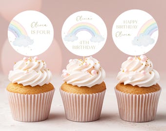 Editable Rainbow Birthday Cupcake Toppers, Pastel Rainbow B'day Round Toppers, Magical Rainbow Party Cupcake Decor, Digital Download