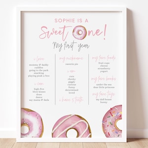 Poster di pietra miliare di un dolce compleanno, modello modificabile, segno di pietra miliare della ciambella rosa, decorazione della festa di compleanno della ciambella per ragazza, download digitale