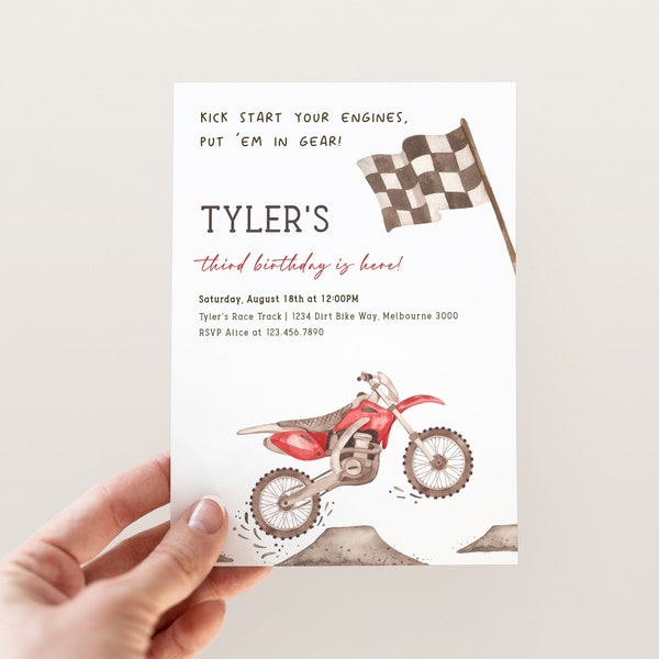 Red Dirt Bike Birthday Invitation, Editable Template, Red Motorbike Any Age Invite, Racing Motocross Party Invitation, Digital Download