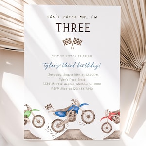 Editable Dirt Bike 3rd Birthday Invitation, Editable Blue Dirt Bike Invite, Can&#39;t Catch Me I&#39;m Three Racing Party B&#39;day, Digital Download
