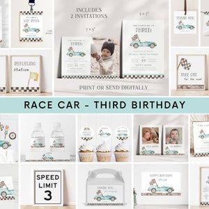 Racing Car 3rd Birthday Invitation Bundle, Editable Boy Third B&#39;day Invite Package, Vintage Blue Racing Party Sign, Can&#39;t Catch Me I&#39;m Three