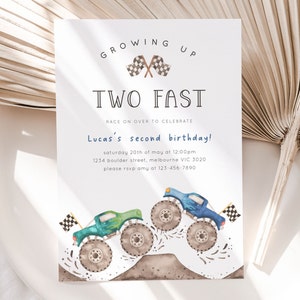 May include: A birthday invitation with a monster truck theme. The invitation is white with brown and blue watercolor illustrations of monster trucks. The text reads "Growing Up Two Fast Race On Over To Celebrate Lucas's Second Birthday! Saturday 20th of May at 12:00pm 1234 Boulder Street, Melbourne VIC 3020 Please RSVP Amy at 123-456-7890"