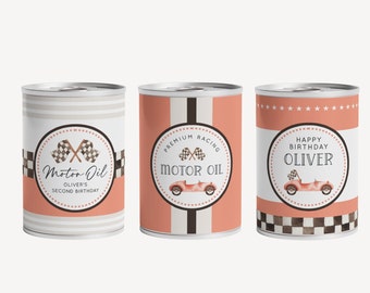 Involucro modificabile per lattina di olio motore da corsa, etichette per decorazioni in lattina di olio motore per auto rosse vintage, decorazioni per feste di compleanno di due auto da corsa veloci, download digitale